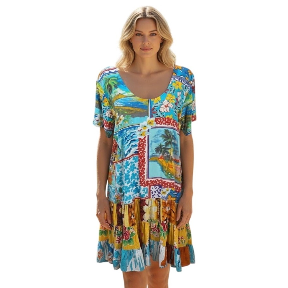 VTG Jams World Hattie Hawaii Dress Womens Large Island Magic Patchwork Ruffle